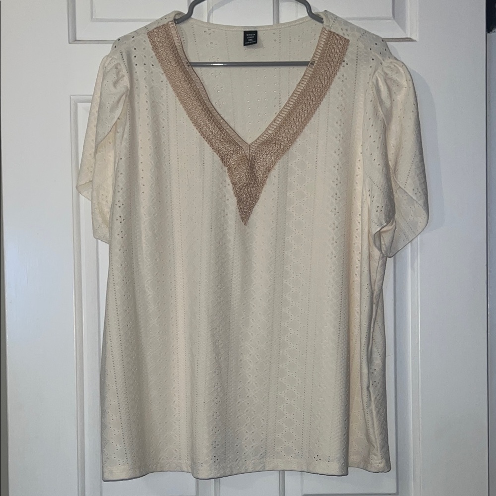 SHEIN Cream Eyelet V-Neck Blouse with Taupe Trim